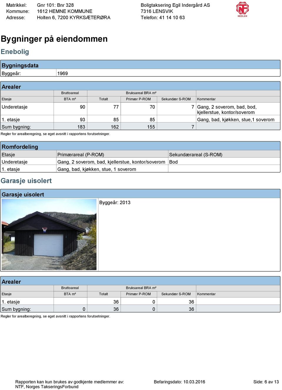 rapportens forutsetninger. Romfordeling Etasje Primærareal (P-ROM) Underetasje Gang, 2 soverom, bad, kjellerstue, kontor/soverom Bod Sekundærareal (S-ROM) 1.