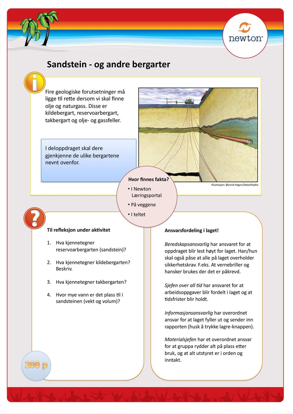 I Newton Læringsportal Illustrasjon: Øyvind Hagen/StatoilHydro På veggene I teltet Til reﬂeksjon under ak0vitet Ansvarsfordeling i laget! 1. Hva kjennetegner reservoarbergarten (sandstein)?