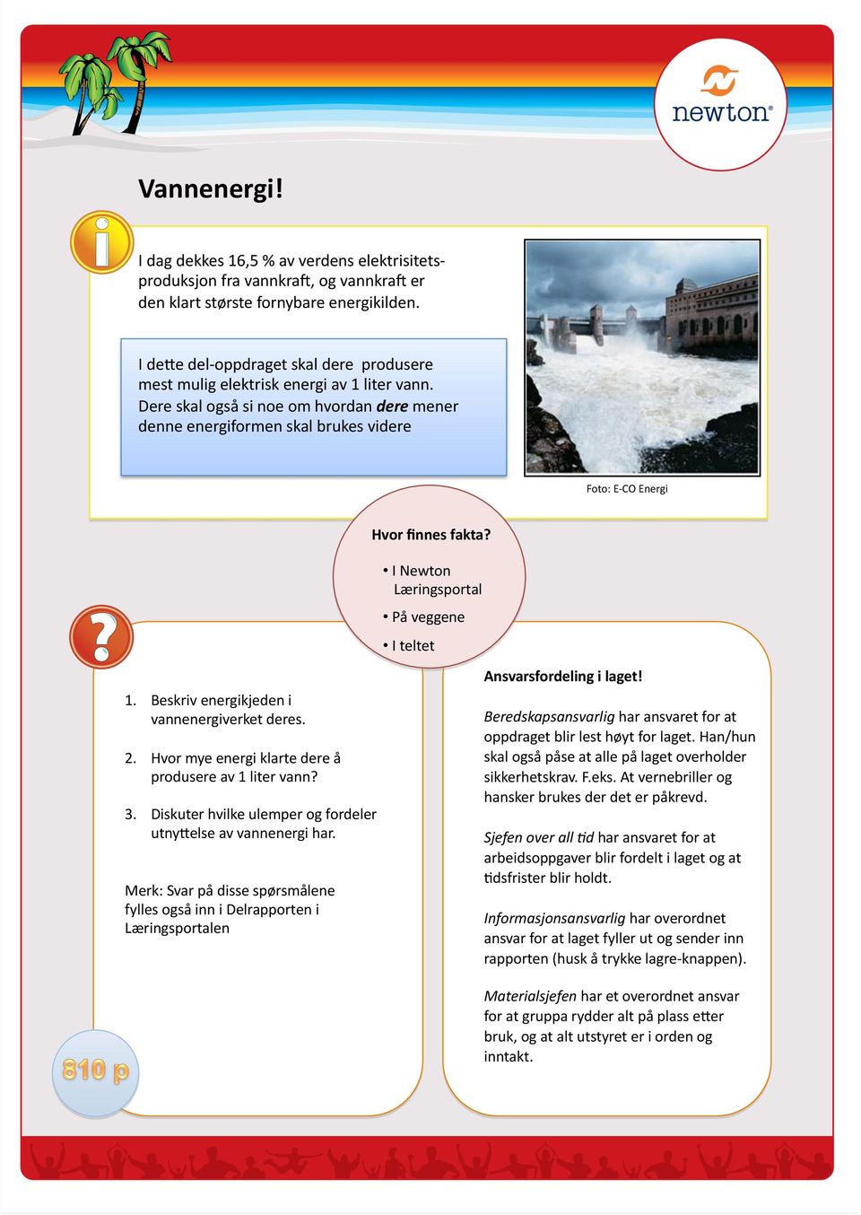 Dere skal også si noe om hvordan dere mener denne energiformen skal brukes videre Foto: E- CO Energi Hvor ﬁnnes fakta? I Newton Læringsportal På veggene I teltet Ansvarsfordeling i laget! 1.