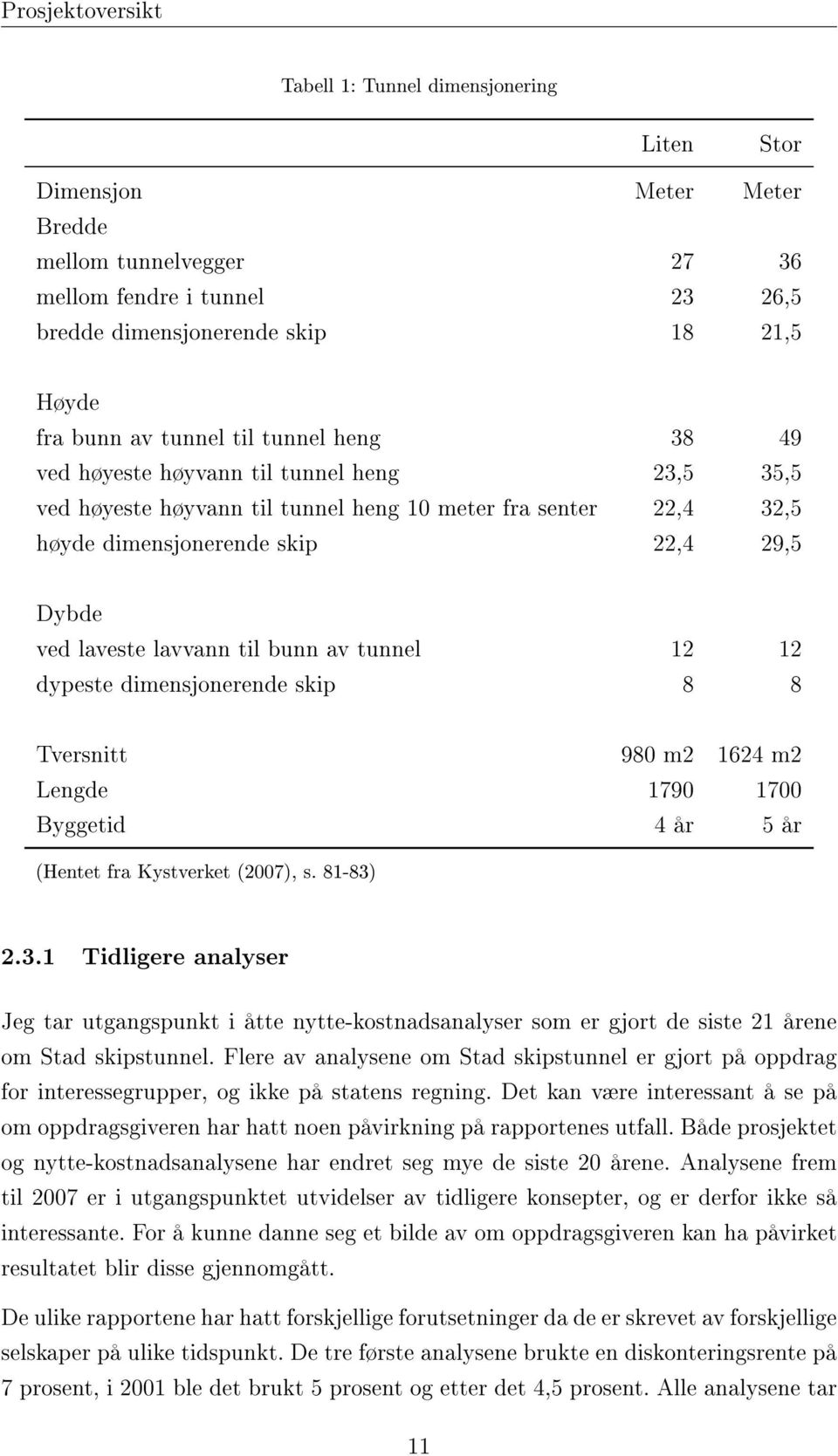 lavvann til bunn av tunnel 12 12 dypeste dimensjonerende skip 8 8 Tversnitt 980 m2 1624 m2 Lengde 1790 1700 Byggetid 4 år 5 år (Hentet fra Kystverket (2007), s. 81-83)