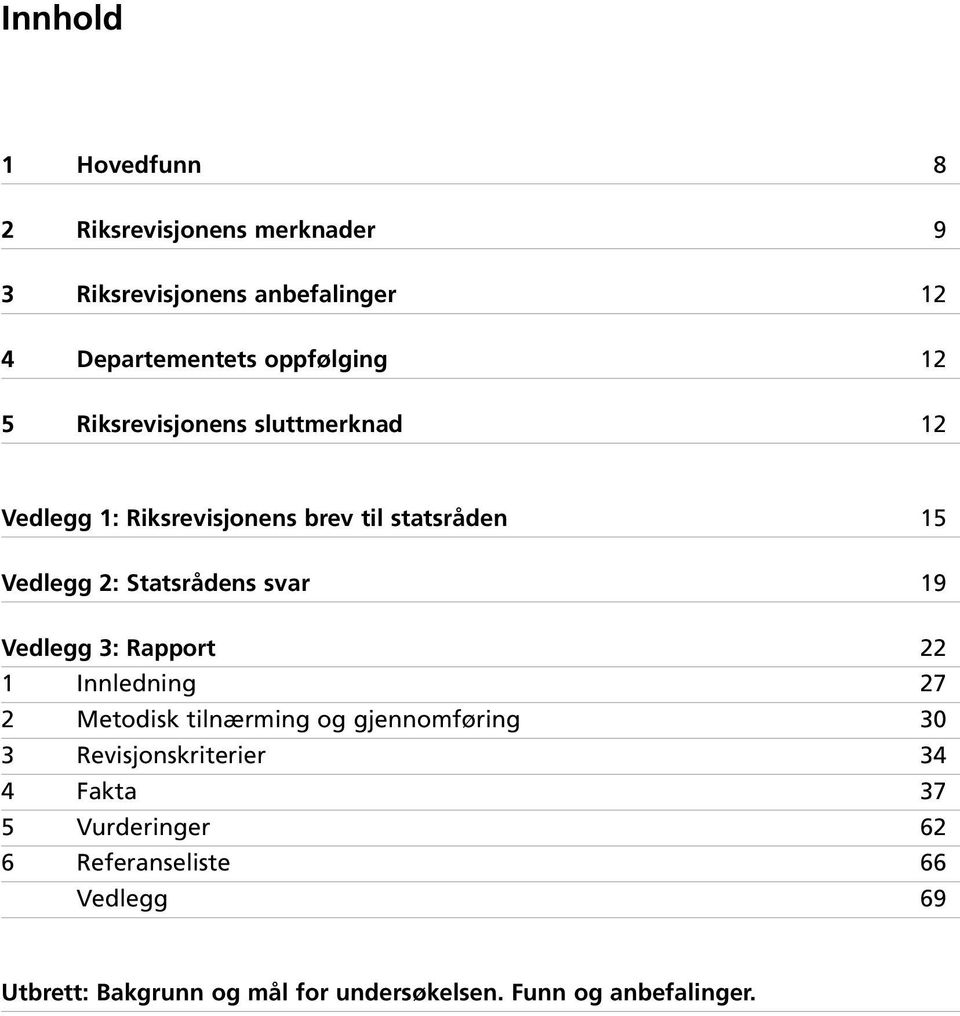 19 Vedlegg 3: Rapport 22 1 Innledning 27 2 Metodisk tilnærming og gjennomføring 30 3 Revisjonskriterier 34 4 Fakta