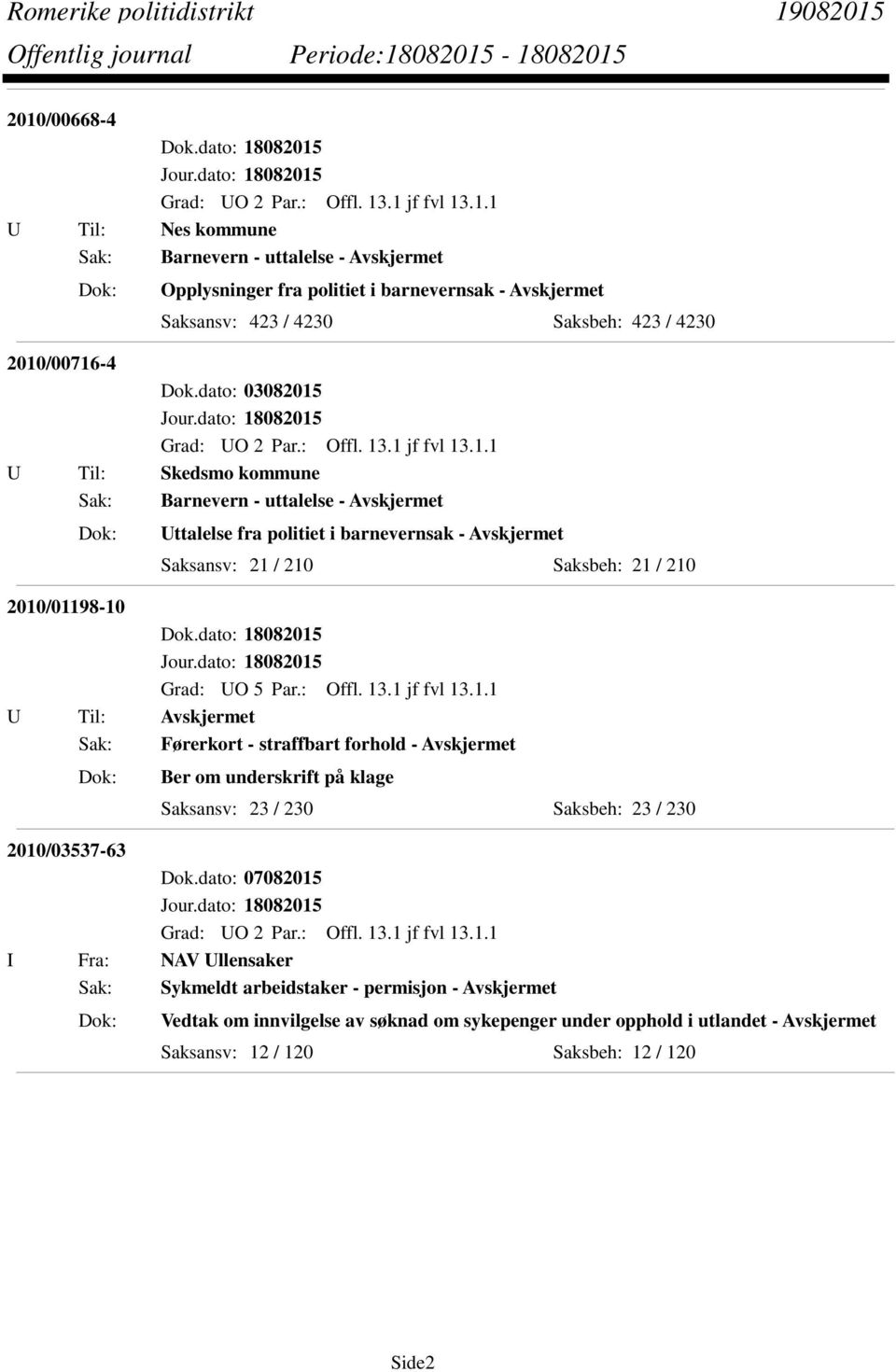 dato: 03082015 U Til: Skedsmo kommune Sak: Barnevern - uttalelse - Avskjermet Uttalelse fra politiet i barnevernsak - Avskjermet Saksansv: 21 / 210 Saksbeh: 21 / 210