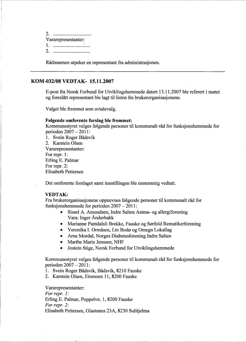 Følgende omforente forslag ble fremmet: Kommunestyret velges følgende personer til kommunalt råd for fusjonshemmede for perioden 2007-2011 : 1. Svein Roger Bådsvik 2.