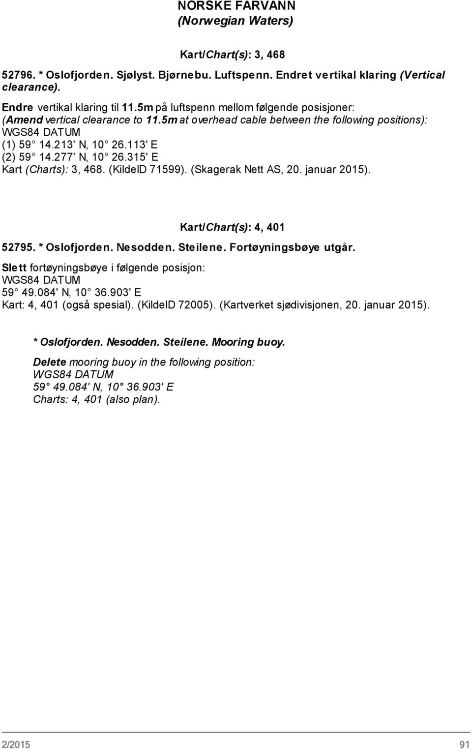 315' E Kart (Charts): 3, 468. (KildeID 71599). (Skagerak Nett AS, 20. januar 2015). Kart/Chart(s): 4, 401 52795. * Oslofjorden. Nesodden. Steilene. Fortøyningsbøye utgår.