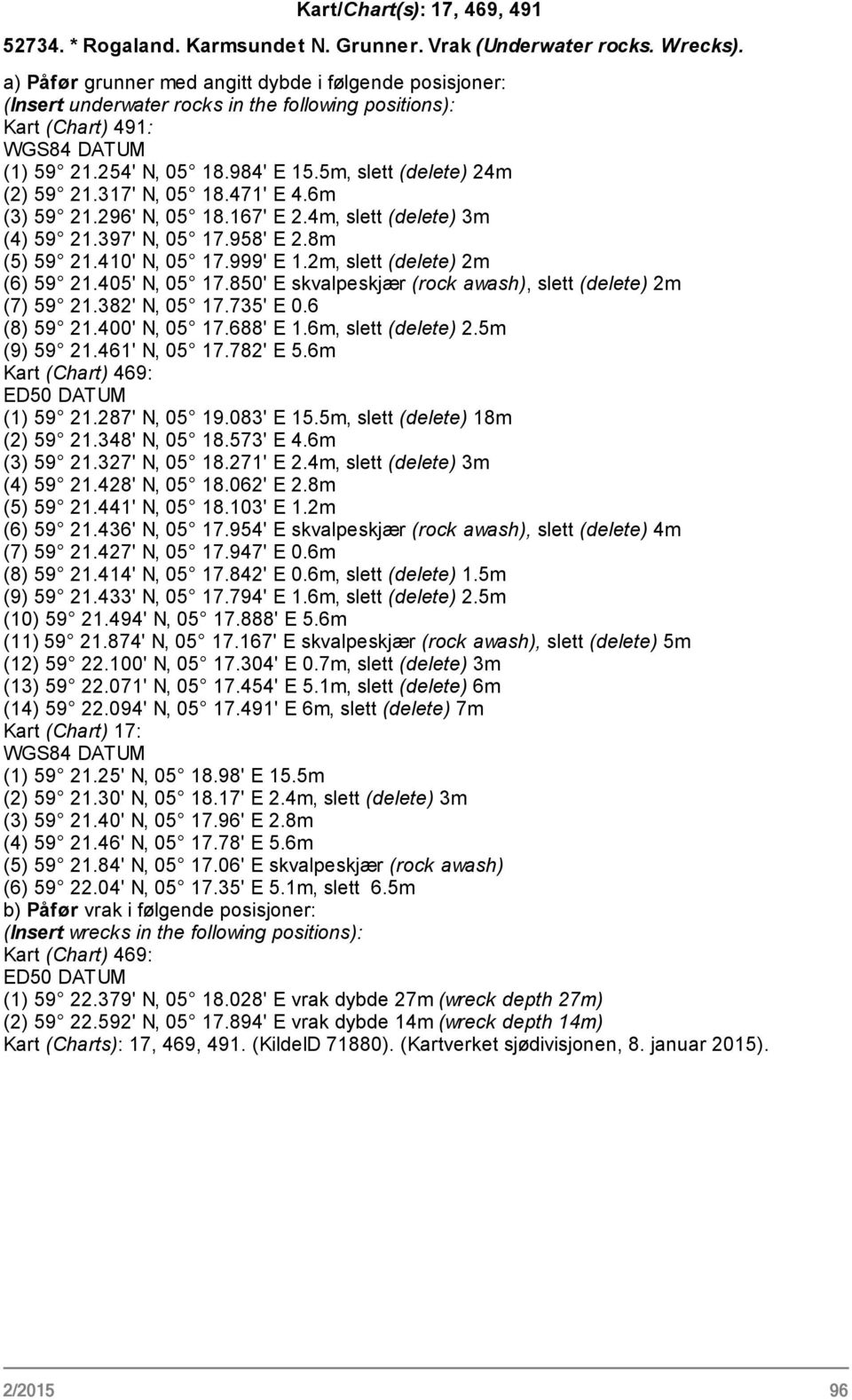 317' N, 05 18.471' E 4.6m (3) 59 21.296' N, 05 18.167' E 2.4m, slett (delete) 3m (4) 59 21.397' N, 05 17.958' E 2.8m (5) 59 21.410' N, 05 17.999' E 1.2m, slett (delete) 2m (6) 59 21.405' N, 05 17.