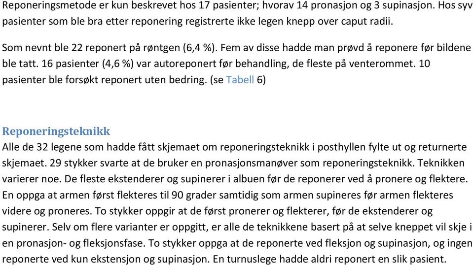 10 pasienter ble forsøkt reponert uten bedring. (se Tabell 6) Reponeringsteknikk Alle de 32 legene som hadde fått skjemaet om reponeringsteknikk i posthyllen fylte ut og returnerte skjemaet.