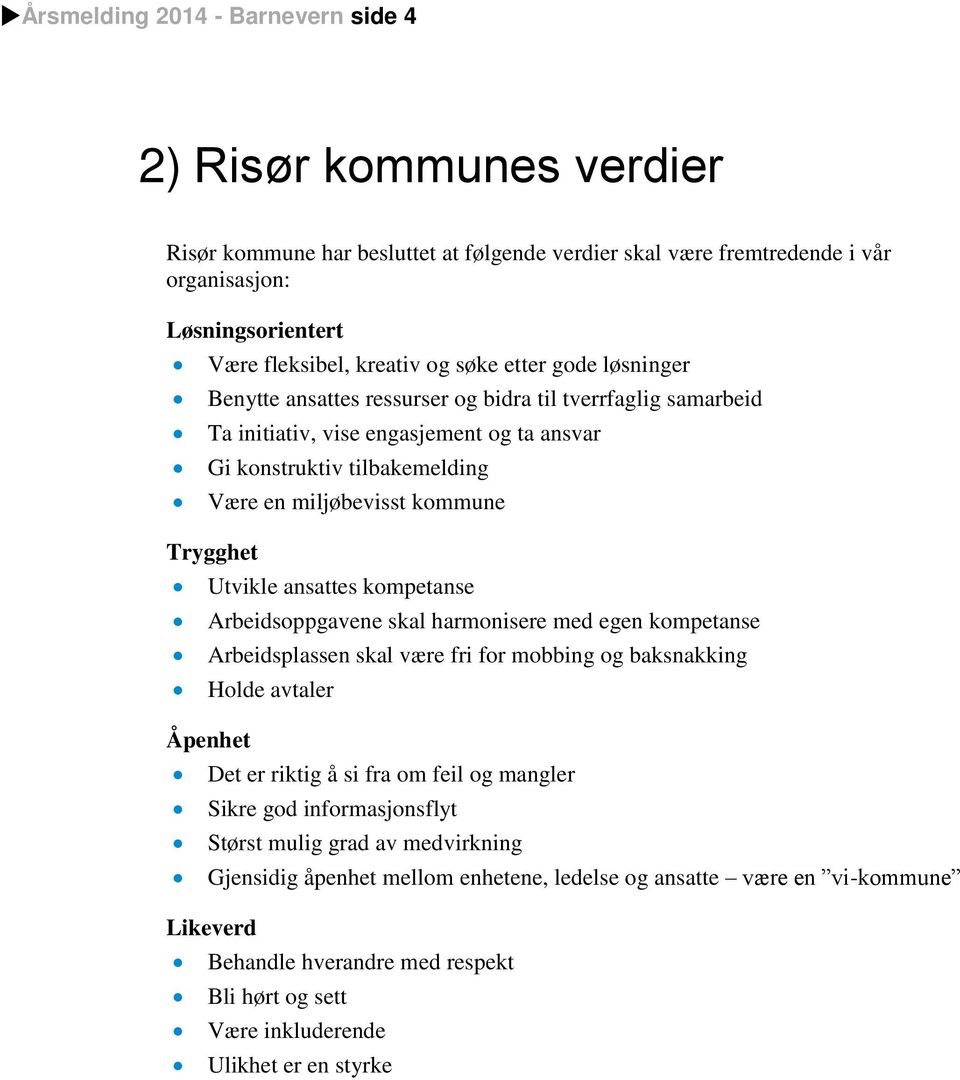 Utvikle ansattes kompetanse Arbeidsoppgavene skal harmonisere med egen kompetanse Arbeidsplassen skal være fri for mobbing og baksnakking Holde avtaler Åpenhet Det er riktig å si fra om feil og