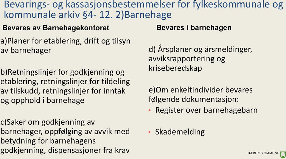 retningslinjer for tildeling av tilskudd, retningslinjer for inntak og opphold i barnehage Bevares i barnehagen d) Årsplaner og årsmeldinger,