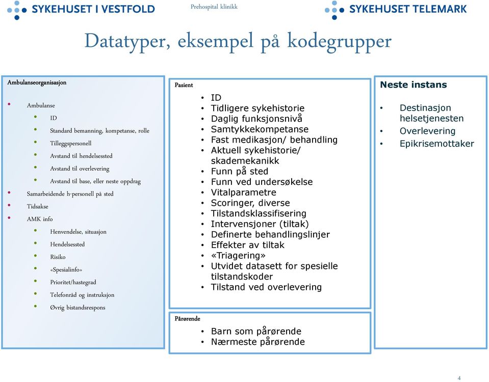 Pasient Pårørende ID Tidligere sykehistorie Daglig funksjonsnivå Samtykkekompetanse Fast medikasjon/ behandling Aktuell sykehistorie/ skademekanikk Funn på sted Funn ved undersøkelse Vitalparametre