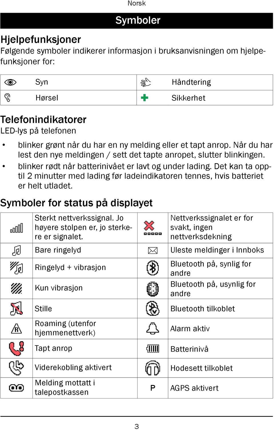 Det kan ta opptil 2 minutter med lading før ladeindikatoren tennes, hvis batteriet er helt utladet. Symboler for status på displayet Sterkt nettverkssignal.