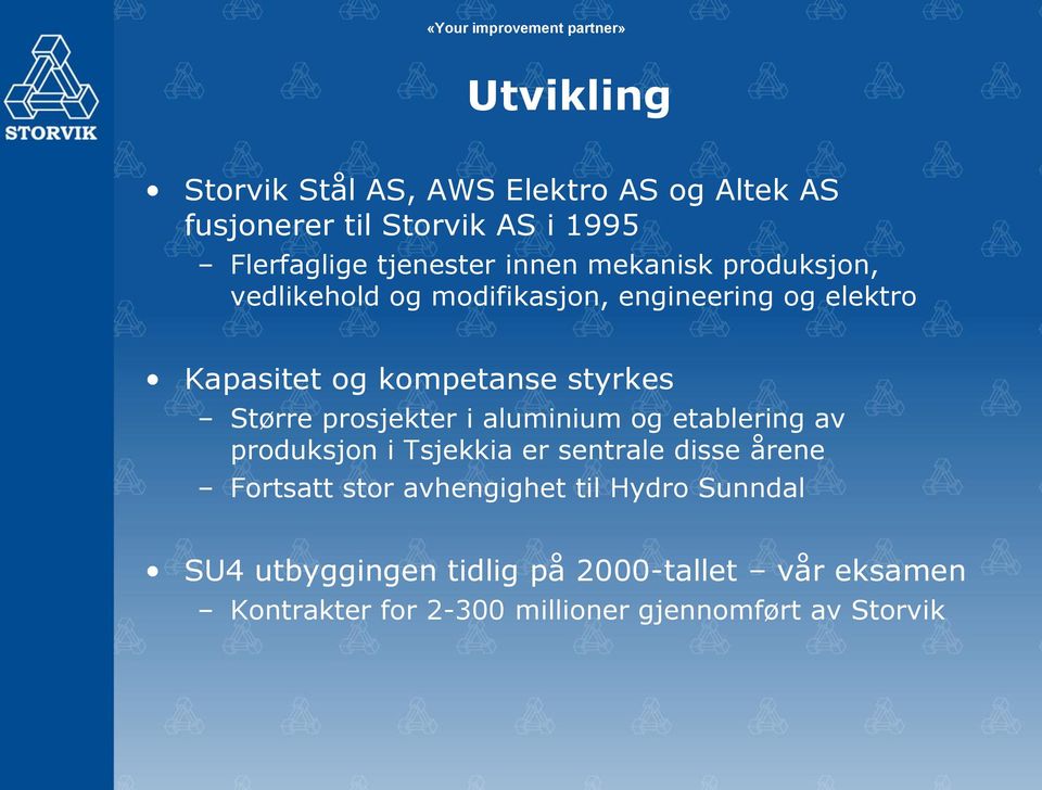 prosjekter i aluminium og etablering av produksjon i Tsjekkia er sentrale disse årene Fortsatt stor avhengighet