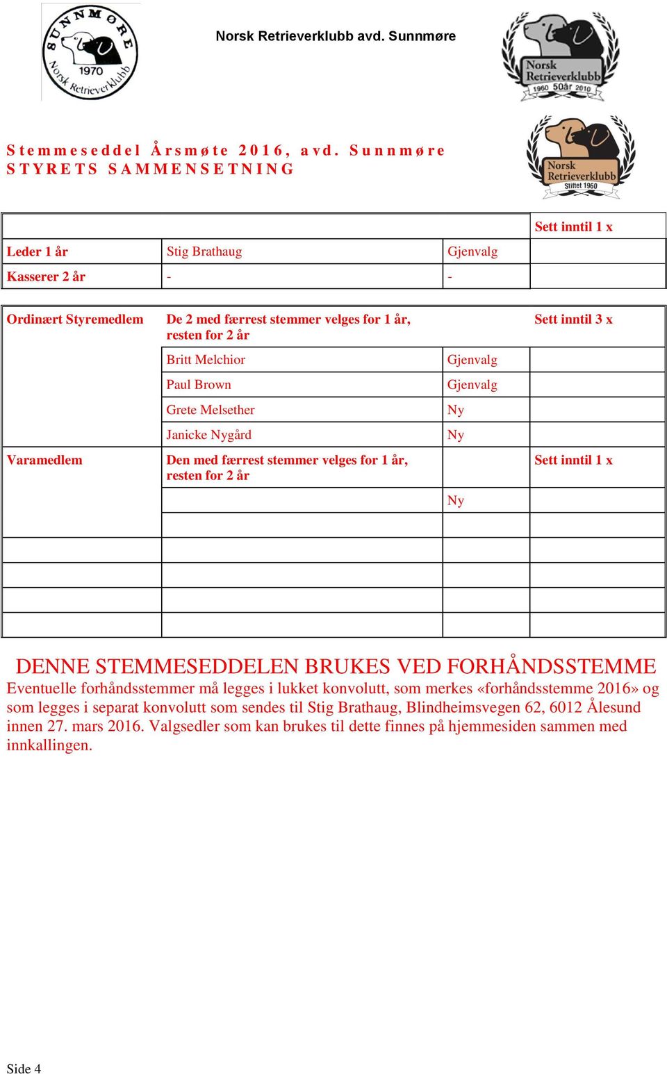 resten for 2 år Janicke gård Den med færrest stemmer velges for 1 år, resten for 2 år Sett inntil 3 x DENNE STEMMESEDDELEN BRUKES VED FORHÅNDSSTEMME Eventuelle