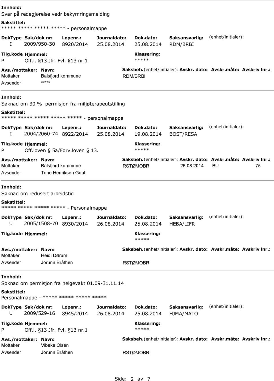 måte: Avskriv lnr.: B 75 Tone Henriksen Gout Søknad om redusert arbeidstid - ersonalmappe 2005/1508-70 8930/2014 HEBA/LFR Avs./mottaker: Navn: Saksbeh. Avskr. dato: Avskr.