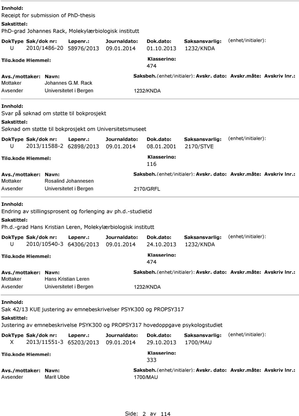 01.2001 2170/STVE 116 Avs./mottaker: Navn: Saksbeh. Avskr. dato: Avskr.måte: Avskriv lnr.: Mottaker Rosalind Johannesen niversitetet i Bergen 2170/GRFL Endring av stillingsprosent og forlenging av ph.