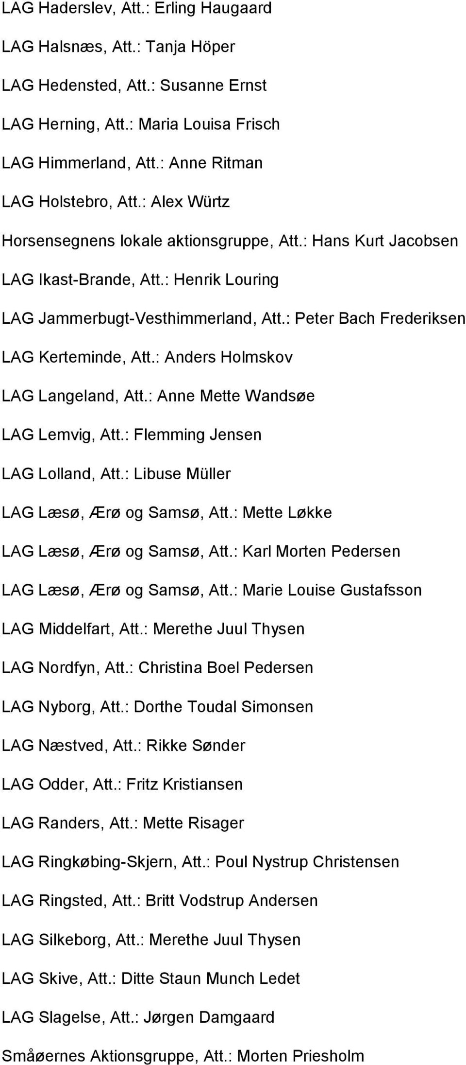 : Anders Holmskov LAG Langeland, Att.: Anne Mette Wandsøe LAG Lemvig, Att.: Flemming Jensen LAG Lolland, Att.: Libuse Müller LAG Læsø, Ærø og Samsø, Att.: Mette Løkke LAG Læsø, Ærø og Samsø, Att.