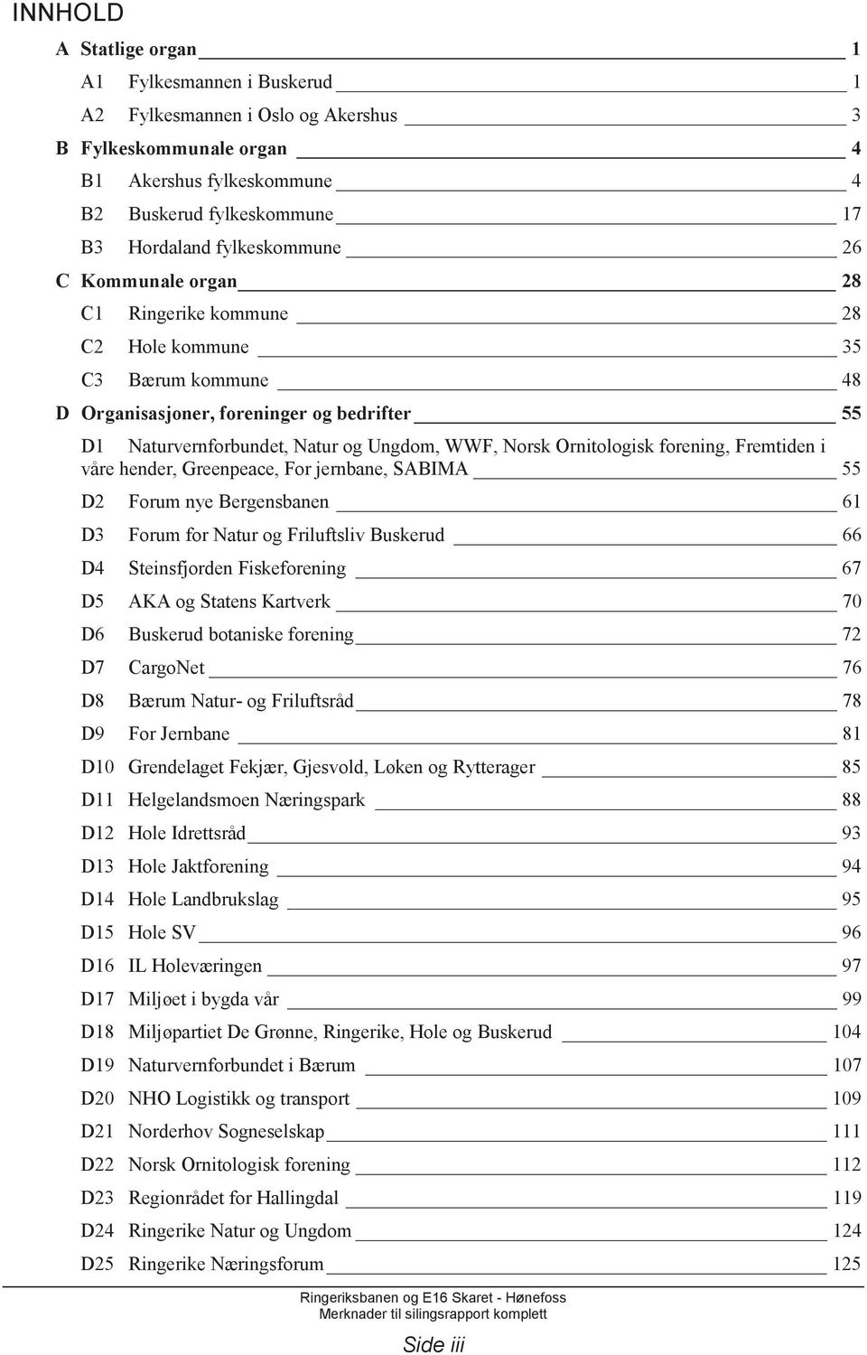 Ornitologisk forening, Fremtiden i våre hender, Greenpeace, For jernbane, SABIMA 55 D2 Forum nye Bergensbanen 61 D3 Forum for Natur og Friluftsliv Buskerud 66 D4 Steinsfjorden Fiskeforening 67 D5 AKA