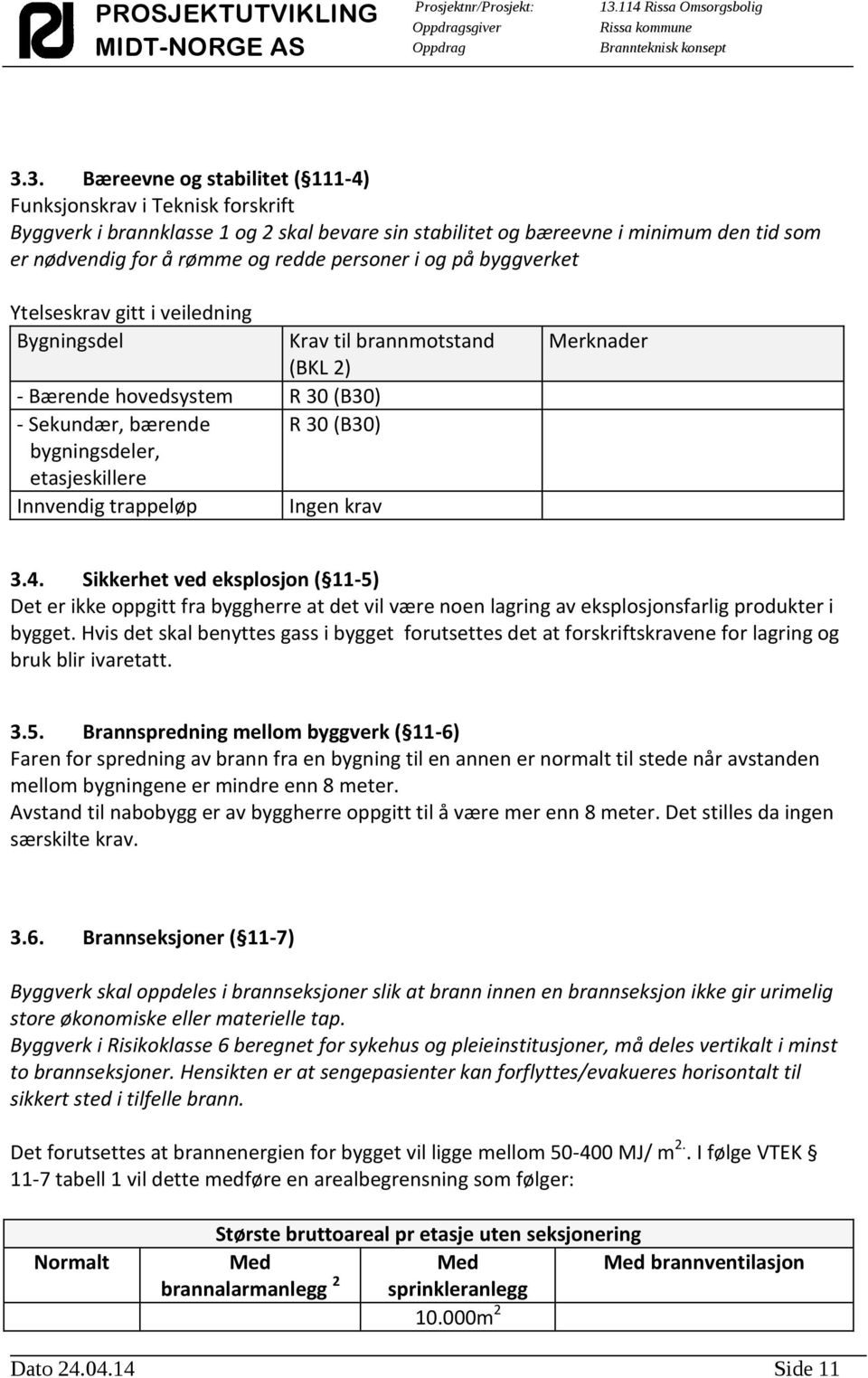 Innvendig trappeløp Ingen krav Merknader 3.4. Sikkerhet ved eksplosjon ( 11-5) Det er ikke oppgitt fra byggherre at det vil være noen lagring av eksplosjonsfarlig produkter i bygget.