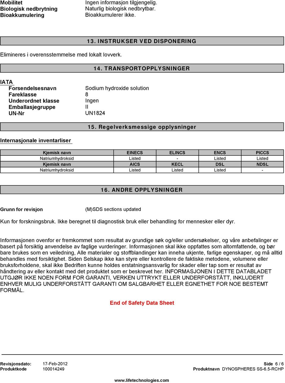 TRANSPORTOPPLYSNINGER IATA Forsendelsesnavn Sodium hydroxide solution Fareklasse 8 Underordnet klasse Ingen Emballasjegruppe II UN-Nr UN1824 15.