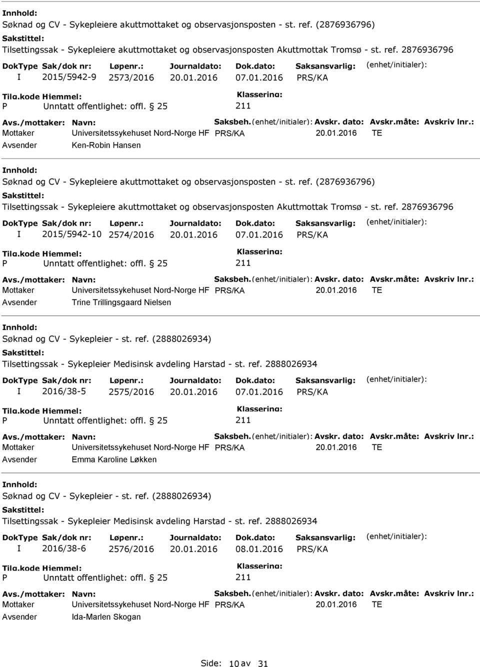 : Mottaker niversitetssykehuset Nord-Norge HF TE Ken-Robin Hansen nnhold: Søknad og CV - Sykepleiere akuttmottaket og observasjonsposten - st. ref.