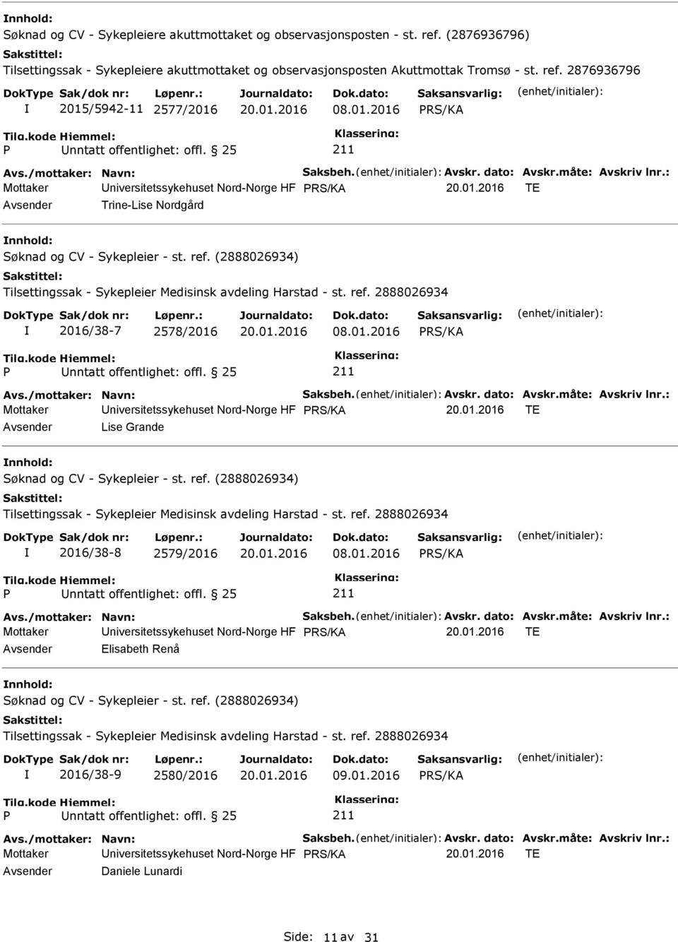 01.2016 Avs./mottaker: Navn: Saksbeh. Avskr. dato: Avskr.måte: Avskriv lnr.: Mottaker niversitetssykehuset Nord-Norge HF TE Elisabeth Renå nnhold: 2016/38-9 2580/2016 09.01.2016 Avs./mottaker: Navn: Saksbeh. Avskr. dato: Avskr.måte: Avskriv lnr.: Mottaker niversitetssykehuset Nord-Norge HF TE Daniele Lunardi Side: 11 av 31