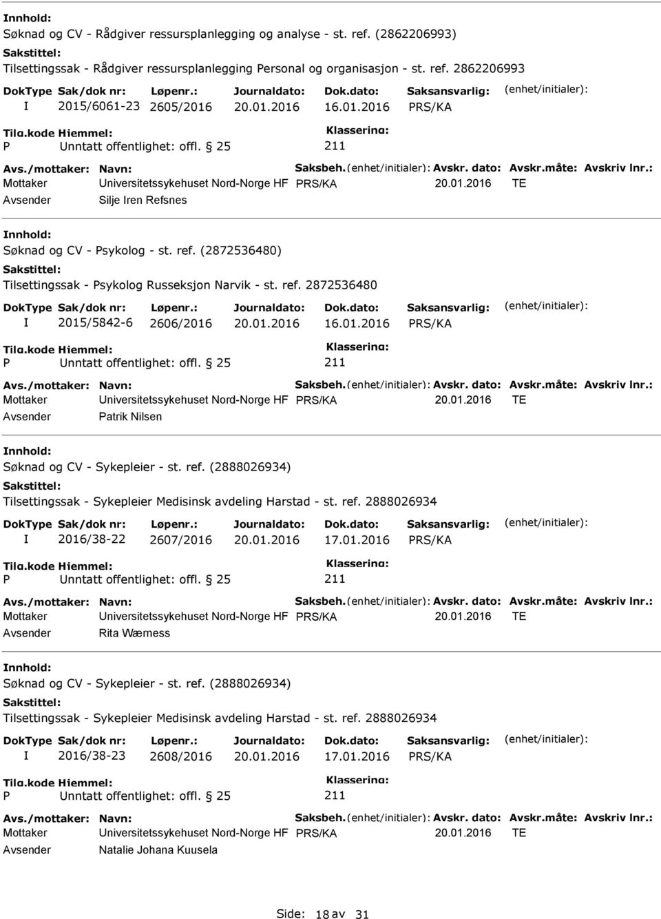 (2872536480) Tilsettingssak - sykolog Russeksjon Narvik - st. ref. 2872536480 2015/5842-6 2606/2016 16.01.2016 Avs./mottaker: Navn: Saksbeh. Avskr. dato: Avskr.måte: Avskriv lnr.