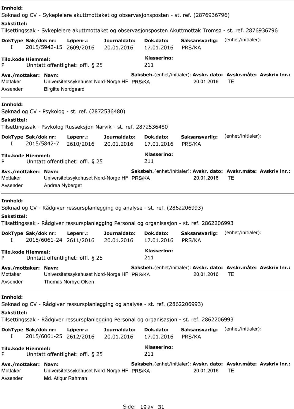 (2872536480) Tilsettingssak - sykolog Russeksjon Narvik - st. ref. 2872536480 2015/5842-7 2610/2016 17.01.2016 Avs./mottaker: Navn: Saksbeh. Avskr. dato: Avskr.måte: Avskriv lnr.