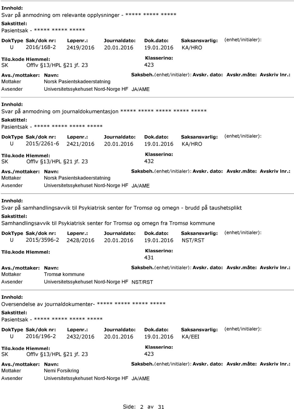 : Mottaker Norsk asientskadeerstatning niversitetssykehuset Nord-Norge HF JA/AME nnhold: Svar på anmodning om journaldokumentasjon ***** ***** ***** ***** ***** asientsak - ***** ***** ***** *****