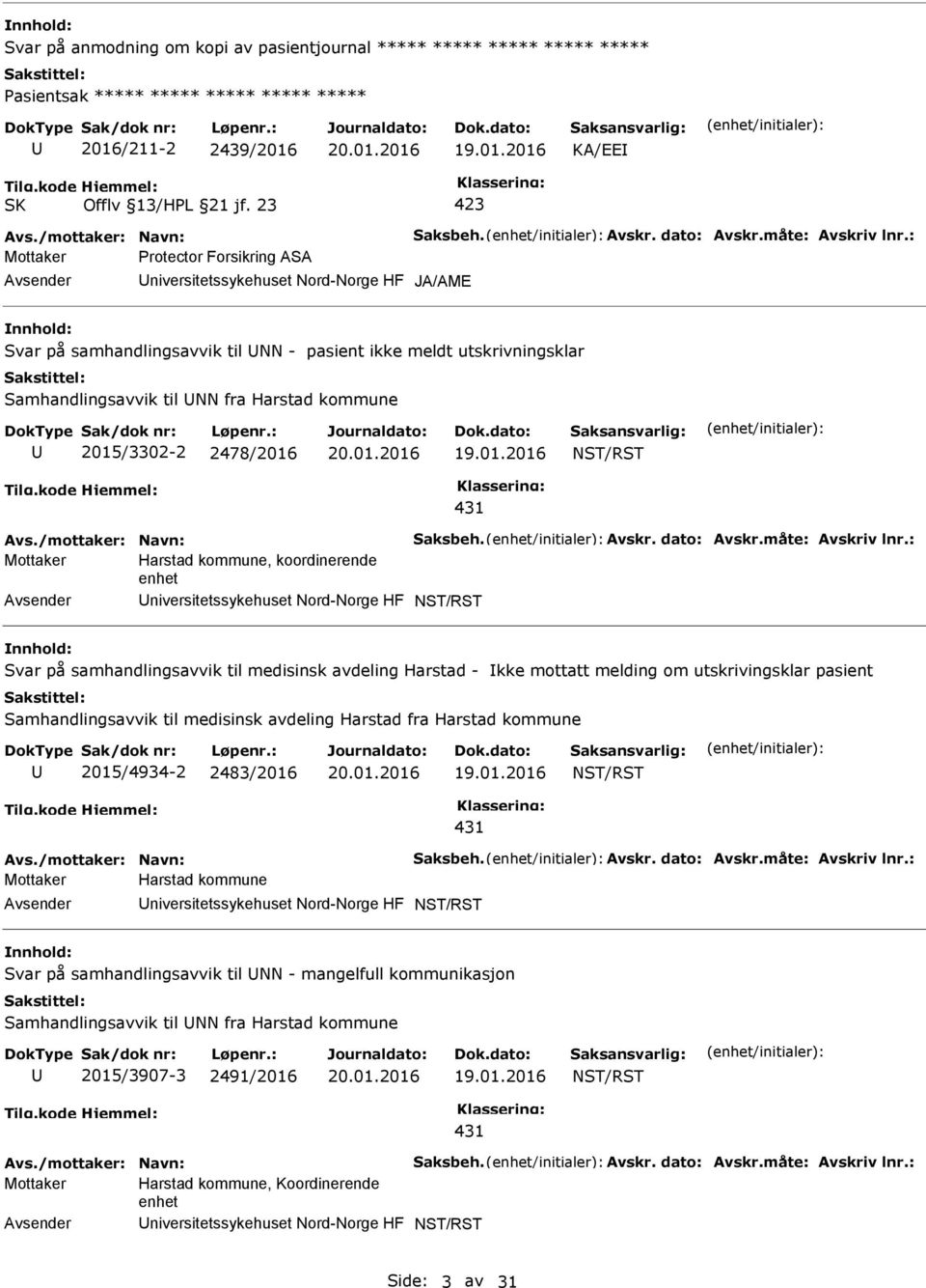 : Mottaker rotector Forsikring ASA niversitetssykehuset Nord-Norge HF JA/AME nnhold: Svar på samhandlingsavvik til NN - pasient ikke meldt utskrivningsklar Samhandlingsavvik til NN fra Harstad