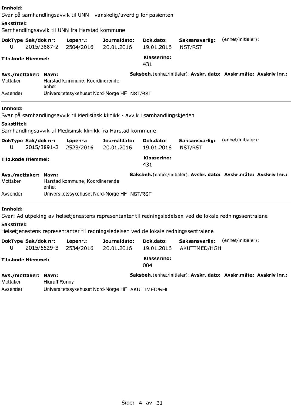 : Mottaker Harstad kommune, Koordinerende enhet niversitetssykehuset Nord-Norge HF nnhold: Svar på samhandlingsavvik til Medisinsk klinikk - avvik i samhandlingskjeden Samhandlingsavvik til Medisinsk