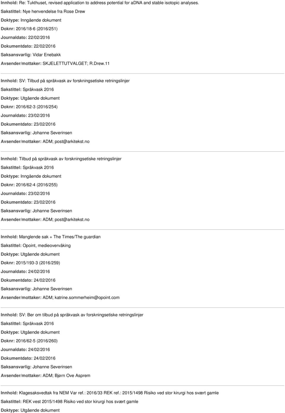 Doknr: 2016/18-6 (2016/251) Journaldato: 22/02/2016 Dokumentdato: 22/02/2016 Avsender/mottaker: SKJELETTUTVALGET; R.Drew.