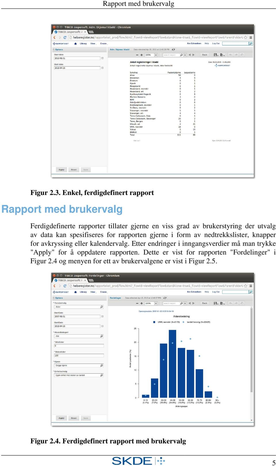 utvalg av data kan spesifiseres for rapporten gjerne i form av nedtrekkslister, knapper for avkryssing eller kalendervalg.