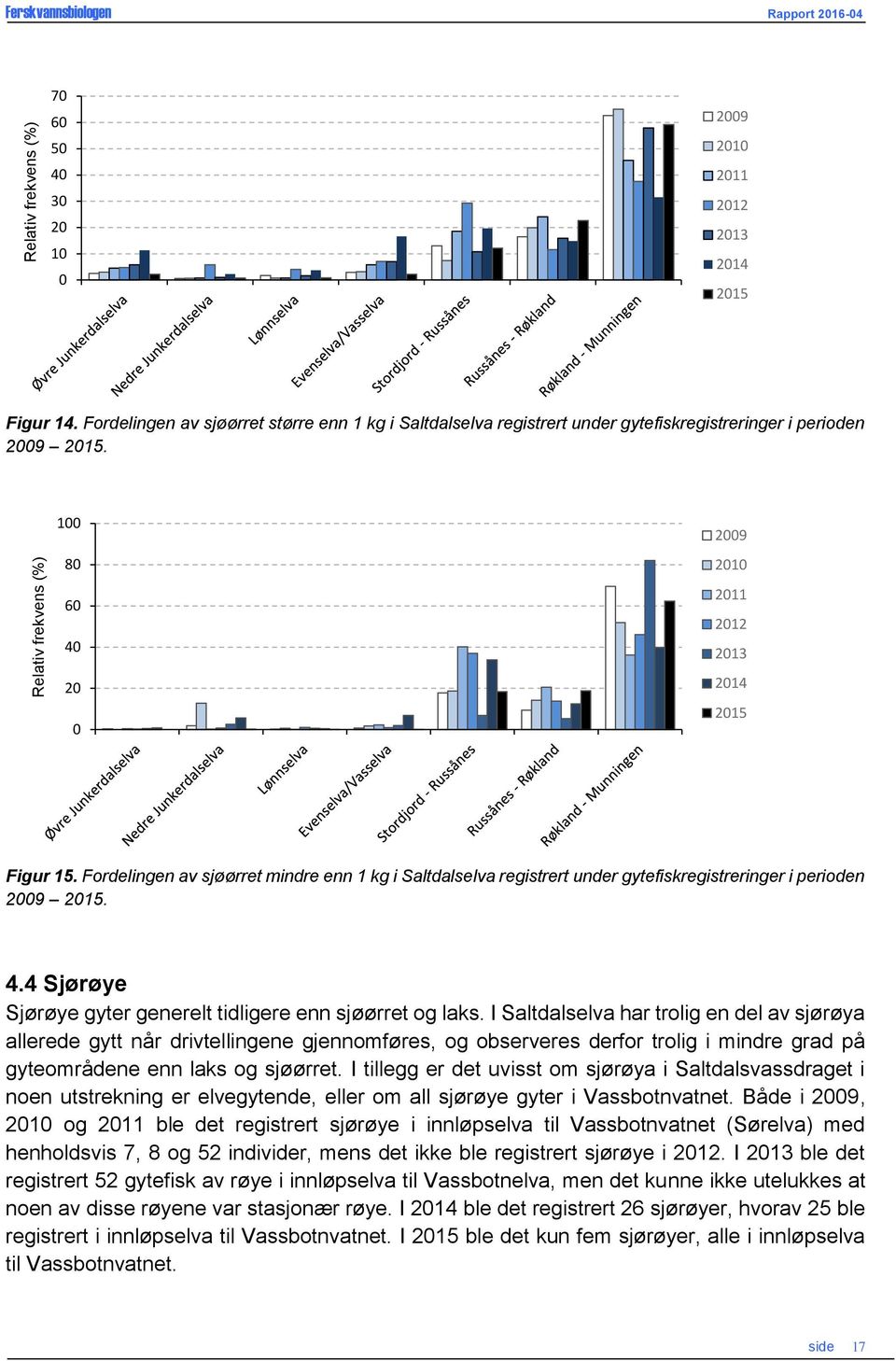 Fordelingen av sjøørret mindre enn 1 kg i Saltdalselva registrert under gytefiskregistreringer i perioden 2009 2015. 4.4 Sjørøye Sjørøye gyter generelt tidligere enn sjøørret og laks.