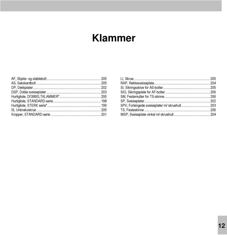 ..205 RAP, Rekkesveiseplate...204 SI, Sikringsskive for AS-bolter...205 SIG, Sikringsplate for AF-bolter...206 SM, Festemutter for TS-skinne.