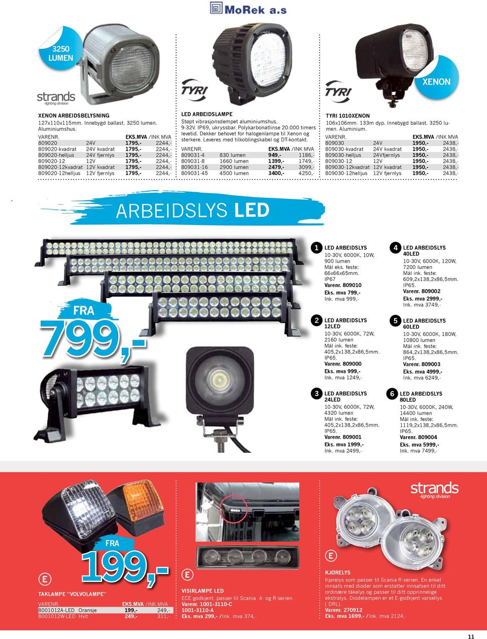 fjernlys 1795,- 2244,- LED arbeidslampe Støpt vibrasjonsdempet aluminiumshus. 9-32V. IP69, ukryssbar. Polykarbonatlinse 20.000 timers levetid. Dekker behovet for halogenlampe til Xenon og sterkere.