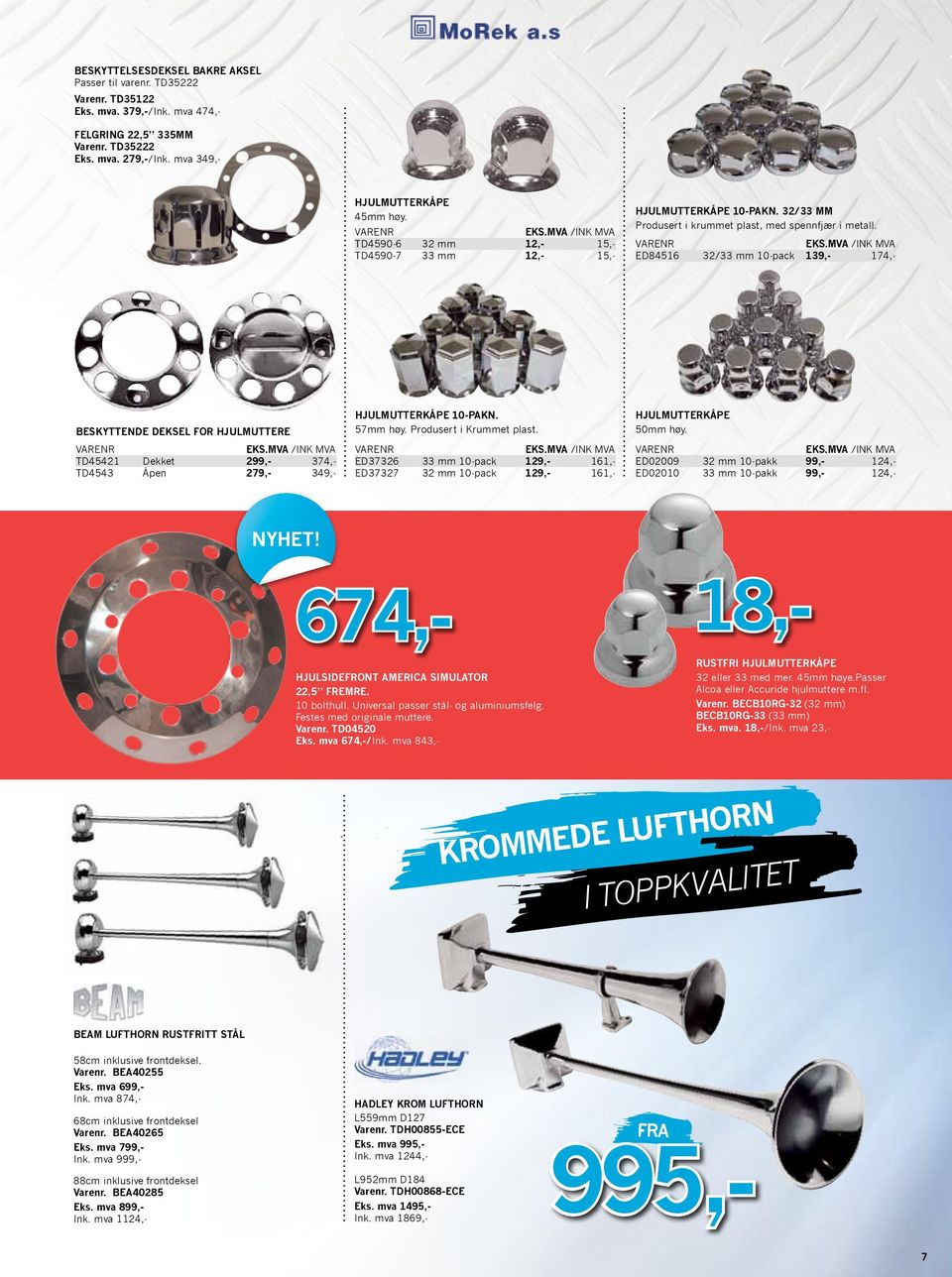 varenr ED84516 32/33 mm 10-pack 139,- 174,- Beskyttende deksel for hjulmuttere varenr TD45421 Dekket 299,- 374,- TD4543 Åpen 279,- 349,- Hjulmutterkåpe 10-pakn. 57mm høy. Produsert i Krummet plast.