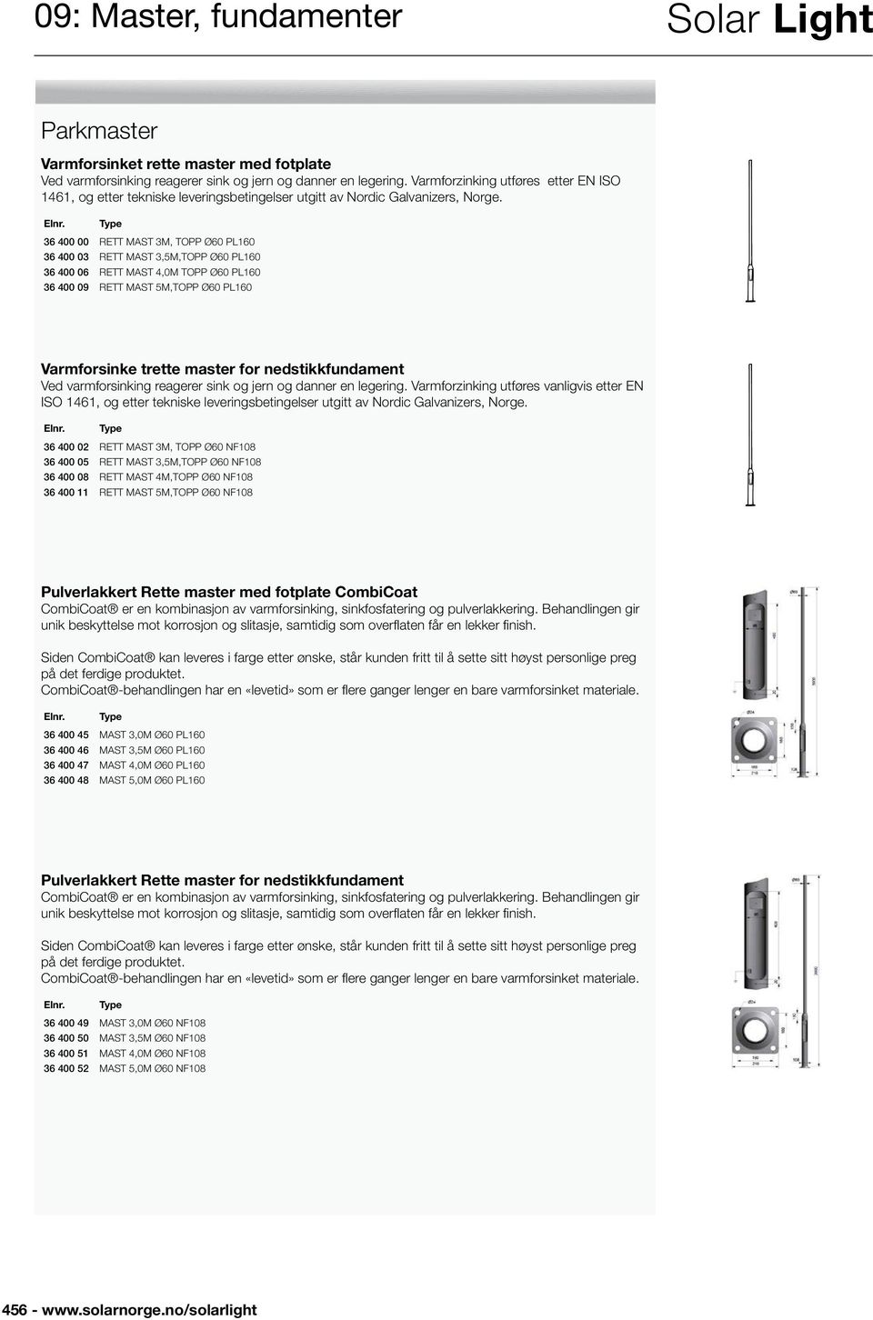 36 400 00 RETT MAST 3M, TOPP Ø60 PL160 36 400 03 RETT MAST 3,5M,TOPP Ø60 PL160 36 400 06 RETT MAST 4,0M TOPP Ø60 PL160 36 400 09 RETT MAST 5M,TOPP Ø60 PL160 Varmforsinke trette master for