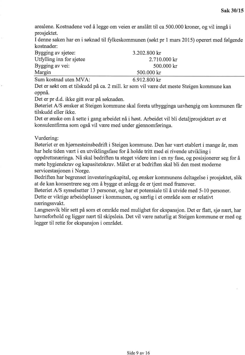 000 kr Margin 500.000 kr Sum kostnad uten MVA: 6.912.800 kr Det er søkt om et tilskudd på ca. 2 mlll. kr som vil være det meste Steigen kommune kan oppnå. Det er pr d.d. ikke gitt svar på søknaden.