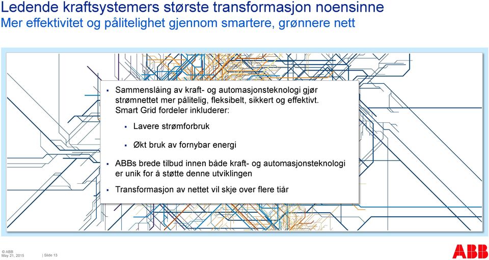 Smart Grid fordeler inkluderer: Lavere strømforbruk Økt bruk av fornybar energi ABBs brede tilbud innen både kraft-