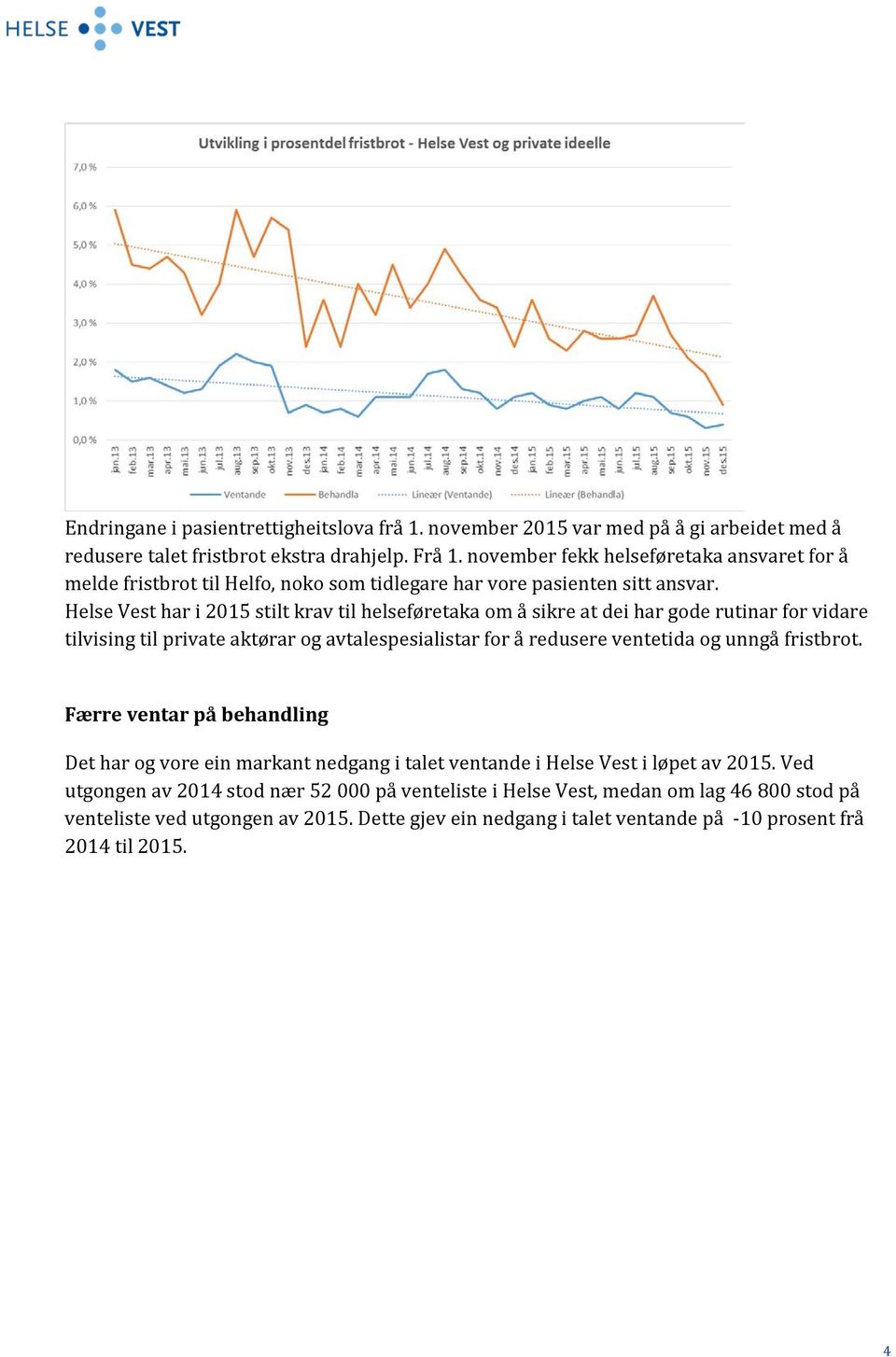 Helse Vest har i 2015 stilt krav til helseføretaka om å sikre at dei har gode rutinar for vidare tilvising til private aktørar og avtalespesialistar for å redusere ventetida og unngå