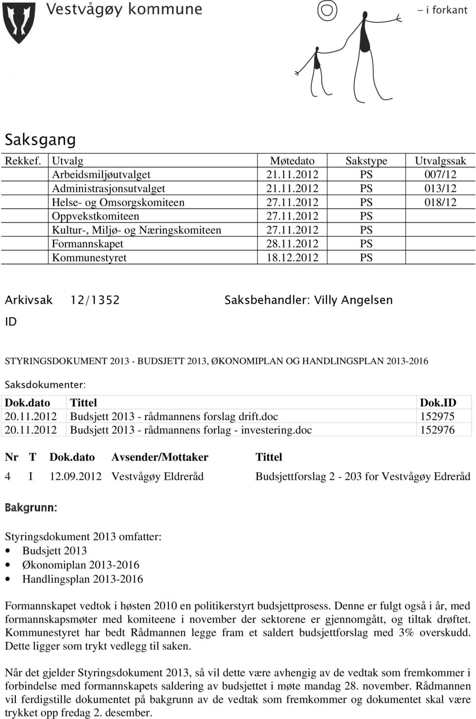 dato Tittel Dok.ID 20.11.2012 Budsjett 2013 - rådmannens forslag drift.doc 152975 20.11.2012 Budsjett 2013 - rådmannens forlag - investering.doc 152976 Nr T Dok.dato Avsender/Mottaker Tittel 4 I 12.