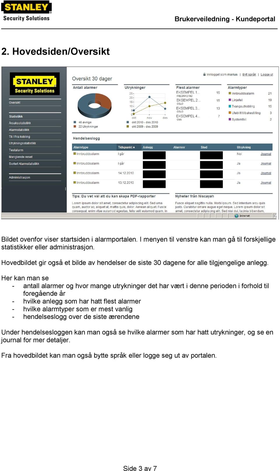 Her kan man se - antall alarmer og hvor mange utrykninger det har vært i denne perioden i forhold til foregående år - hvilke anlegg som har hatt flest alarmer - hvilke