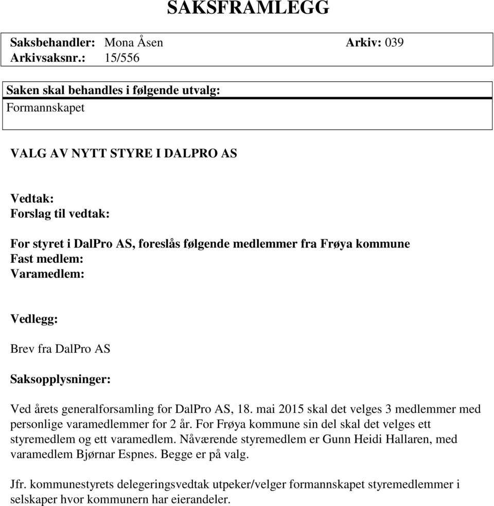 kommune Fast medlem: Varamedlem: Vedlegg: Brev fra DalPro AS Saksopplysninger: Ved årets generalforsamling for DalPro AS, 18.