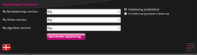 Her kan man velge om fjernkontrollen, Airboxen eller algoritmen skal oppdateres. Ved Ny fjernbetjenings-version skal du via menyen velge hvilken oppdatering som skal gjennomføres.