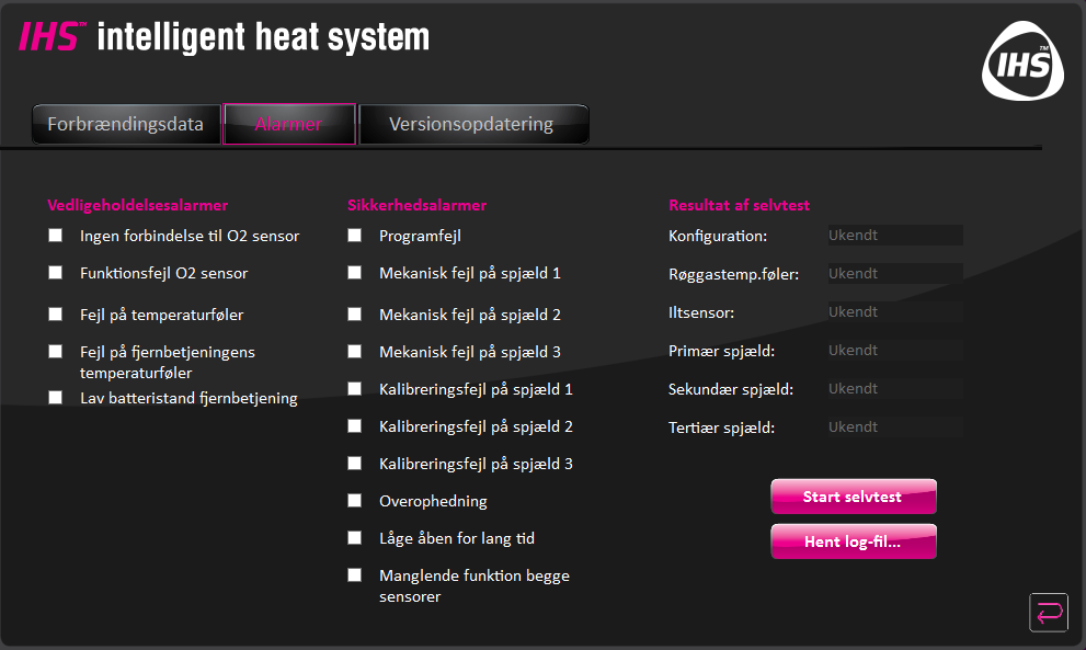På side 2 under «Alarmer» kan man starte en selvtest ved å trykke på knappen «Start selvtest». En selvtest tar ca. 2 minutter, og i skjermens høyre side kan du følge med i prosessen.