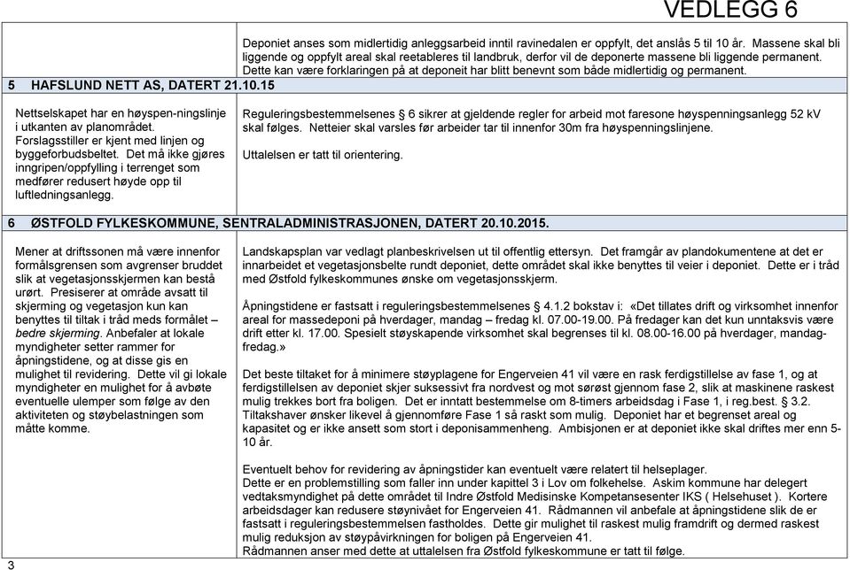 Dette kan være forklaringen på at deponeit har blitt benevnt som både midlertidig og permanent. 5 HAFSLUND NETT AS, DATERT 21.10.15 Nettselskapet har en høyspen-ningslinje i utkanten av planområdet.