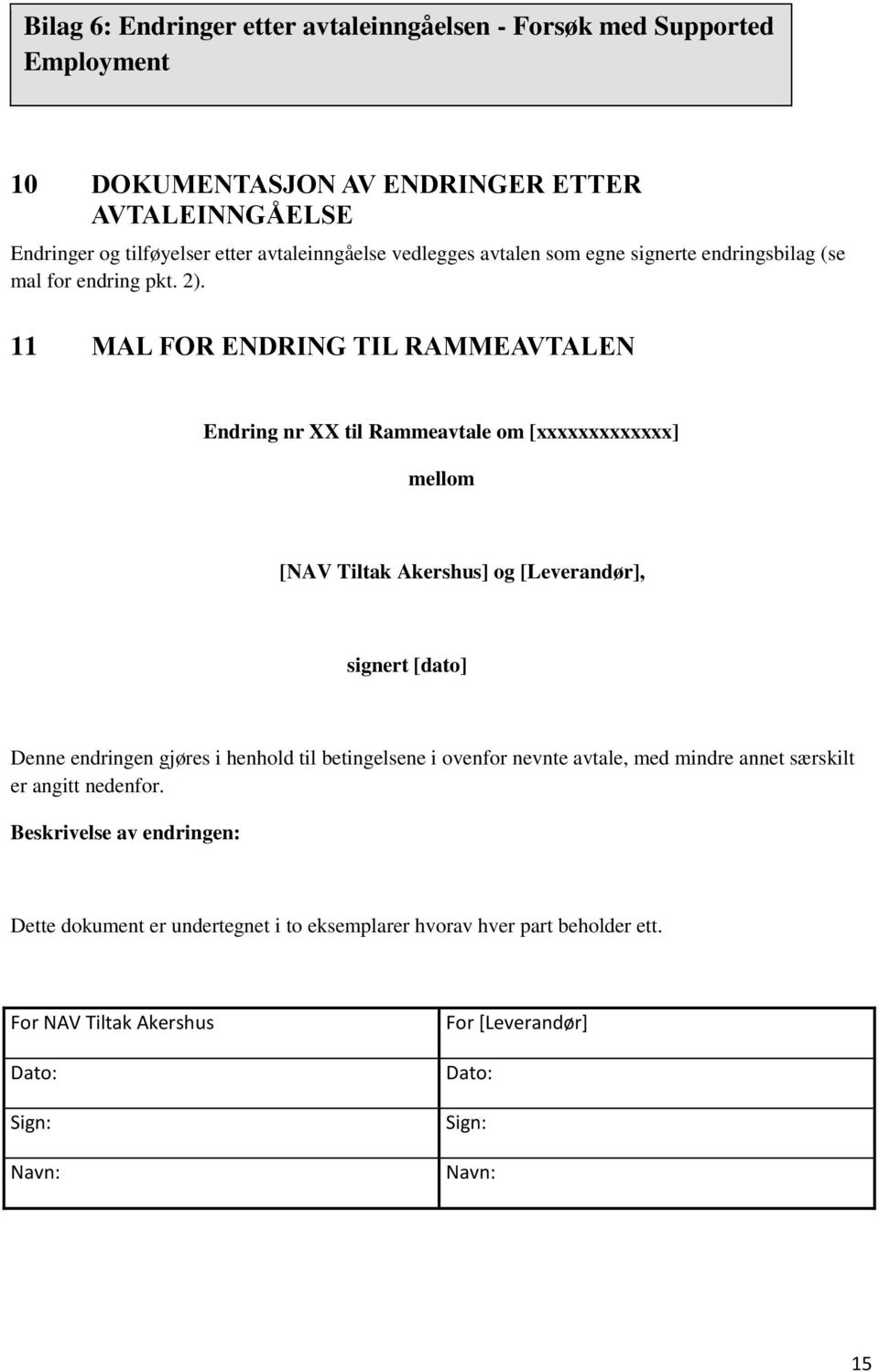 11 MAL FOR ENDRING TIL RAMMEAVTALEN Endring nr XX til Rammeavtale om [xxxxxxxxxxxxx] mellom [NAV Tiltak Akershus] og [Leverandør], signert [dato] Denne endringen gjøres i