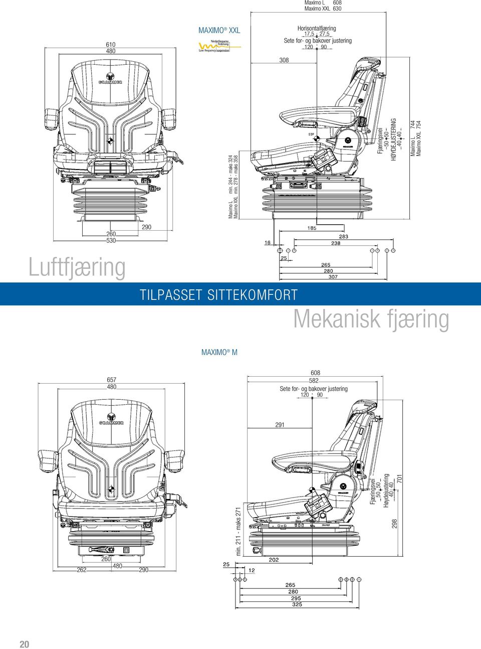 Mekanisk fjæring MAXIMO M 657 480 608 582 Sete for- og bakover justering 120 90 291 Fjæringsvei 50 50