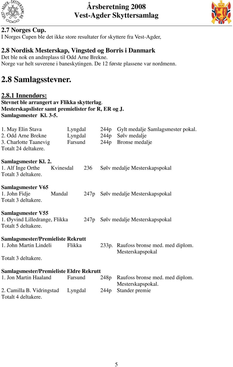 Mesterskapslister samt premielister for R, ER og J. Samlagsmester Kl. 3-5. 1. May Elin Stava Lyngdal 244p Gylt medalje Samlagsmester pokal. 2. Odd Arne Brekne Lyngdal 244p Sølv medalje 3.