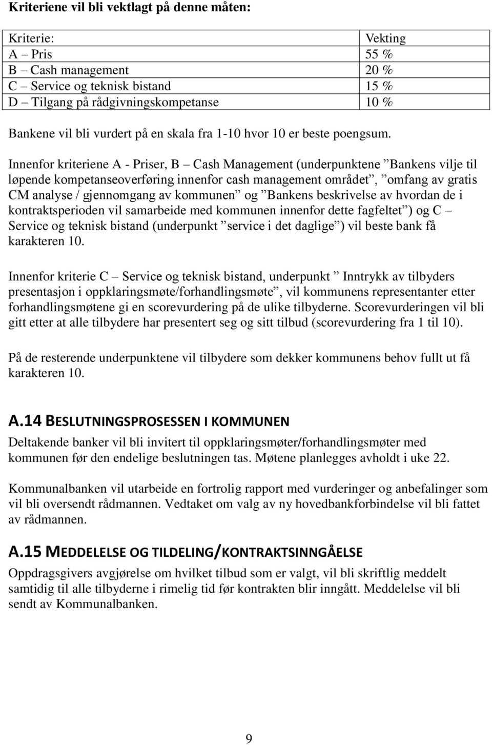 Innenfor kriteriene A - Priser, B Cash Management (underpunktene Bankens vilje til løpende kompetanseoverføring innenfor cash management området, omfang av gratis CM analyse / gjennomgang av kommunen