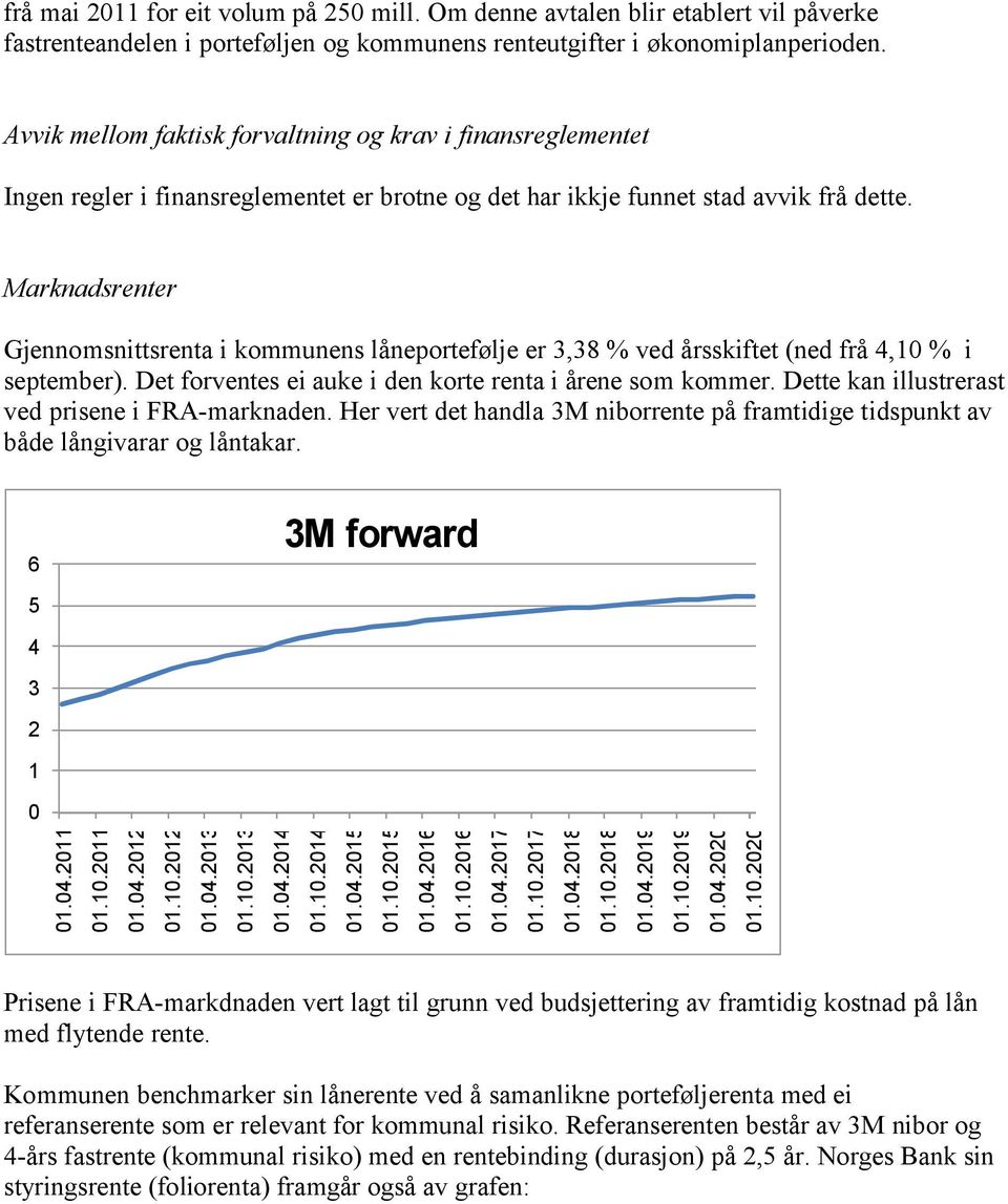 Marknadsrenter Gjennomsnittsrenta i kommunens låneportefølje er 3,38 % ved årsskiftet (ned frå 4,10 % i september). Det forventes ei auke i den korte renta i årene som kommer.